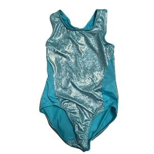 More Than Magic Girls Teal Shimmer Foil Gymnastics Leotard Crisscross Back M 7/8